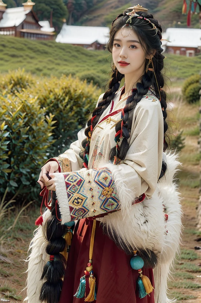 (((best quality))),(((ultra detailed))),(((masterpiece))),illustration,a beautiful Tibetan girl,solo,slim,flat chest,Plush hat,snow-capped plateau,magnificent red traditional outfit,radiant smile,Standing by the roadside,vast verdant grasslands,majestic snow-capped peaks,striking appearance,dark almond-shaped eyes,sparkling with joy,long flowing black hair,intricate braids,colorful beads,jewelries,intricately woven ribbons,red rob embroidered with golden threads,Tibetan culture,lush green grasslands,serene ambiance,sheep and yaks grazing,crisp air,invigorating scent of the highland,beauty and resilience,pure bliss