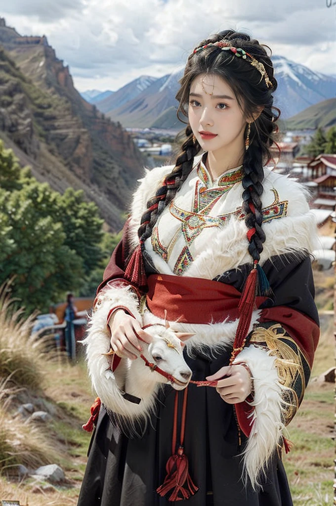 (((best quality))),(((ultra detailed))),(((masterpiece))),illustration,a beautiful Tibetan girl,solo,slim,flat chest,Plush hat,snow-capped plateau,magnificent red traditional outfit,radiant smile,Standing by the roadside,vast verdant grasslands,majestic snow-capped peaks,striking appearance,dark almond-shaped eyes,sparkling with joy,long flowing black hair,intricate braids,colorful beads,jewelries,intricately woven ribbons,red rob embroidered with golden threads,Tibetan culture,lush green grasslands,serene ambiance,sheep and yaks grazing,crisp air,invigorating scent of the highland,beauty and resilience,pure bliss