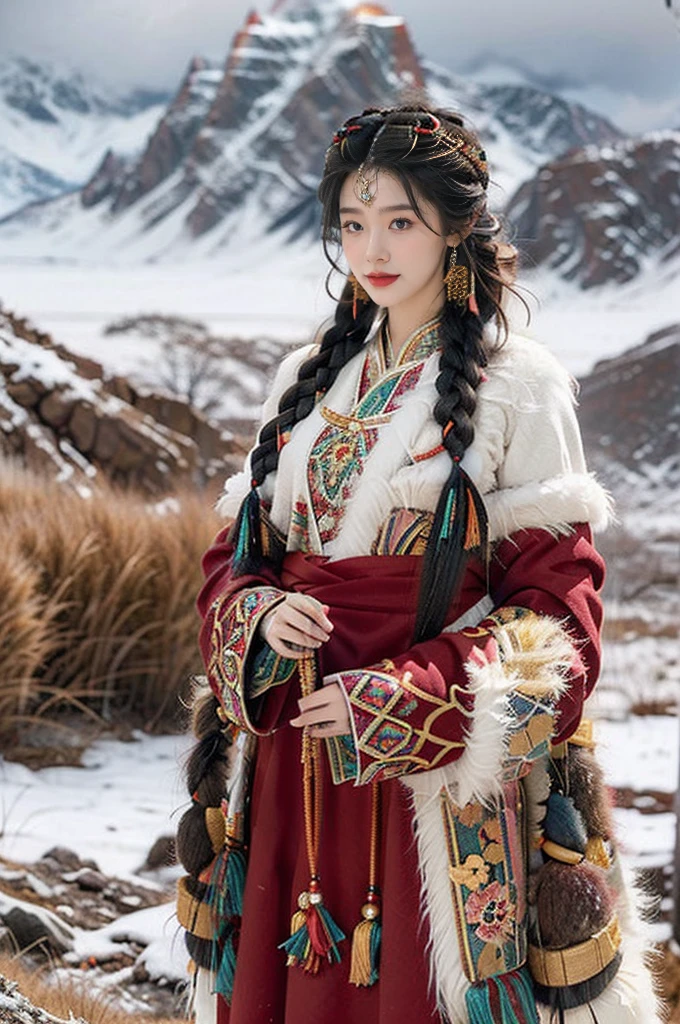 (((best quality))),(((ultra detailed))),(((masterpiece))),illustration,a beautiful Tibetan girl,solo,slim,flat chest,Plush hat,snow-capped plateau,magnificent red traditional outfit,radiant smile,Standing by the roadside,vast verdant grasslands,majestic snow-capped peaks,striking appearance,dark almond-shaped eyes,sparkling with joy,long flowing black hair,intricate braids,colorful beads,jewelries,intricately woven ribbons,red rob embroidered with golden threads,Tibetan culture,lush green grasslands,serene ambiance,sheep and yaks grazing,crisp air,invigorating scent of the highland,beauty and resilience,pure bliss