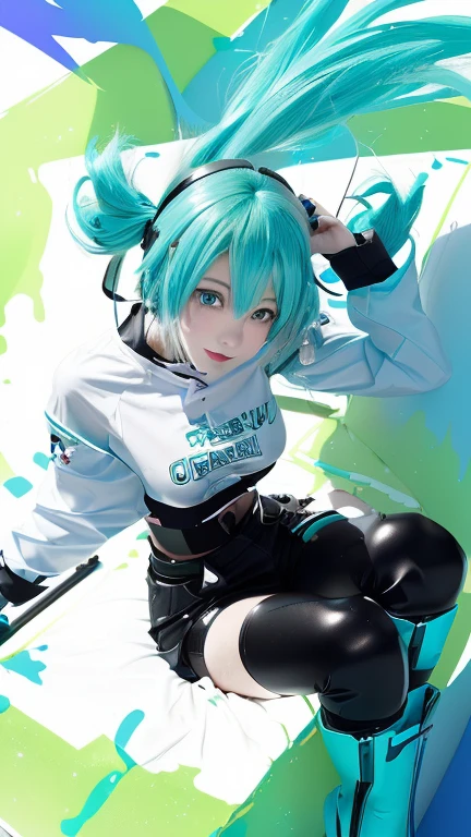 girl with blue hair and black pants laying on a green and blue background, girl with teal hair, vocaloid, portrait of hatsune miku, mikudayo, hatsune miku short hair, hatsune miku, miku, hatsune miku portrait, nightcore, anime style 4 k, hatsune miku face, top rated on pixiv