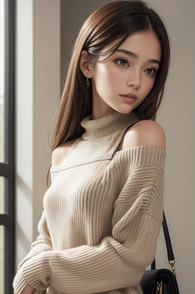 ((best qualityer)), ((work of art)), (detailded), 1 girl, shoulder to shoulder sweater,