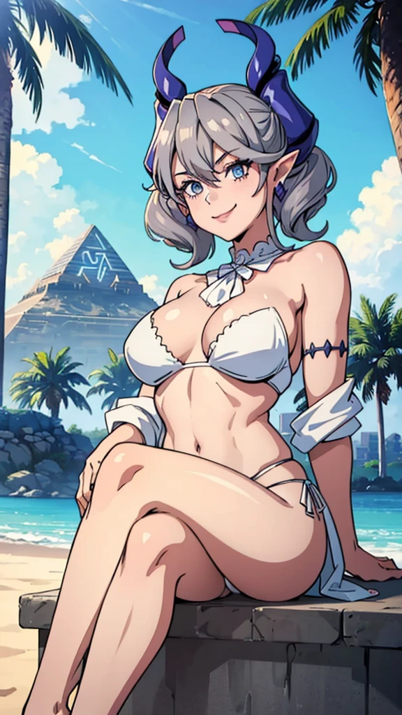 Pyramaid top High level image quality best image quality 8K adult woman desert sunset palm trees whole body view portrait bikini horn ears short hair((shortcut)(gray hair)(perm)(fluffy)) eye color is blue , attractive evil face , smile , sexy pose , labrynth , barearm , wearing white shirt , sitting by the pyramid , crossed leg style in detailed , view foot arc