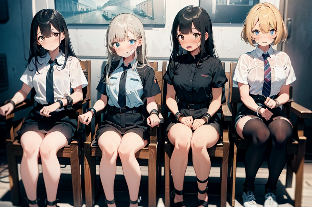 3 girls, strapped to chairs, tied up, (blushing, red face, crying, terrified), (ankle cuffs, ankles tied, wrist cuffs, wrists tied), long hair, beautiful eyes, (((short sleeves, tight clothing))), perfect body, perfect face, perfect eyes, detailed eyes, full body