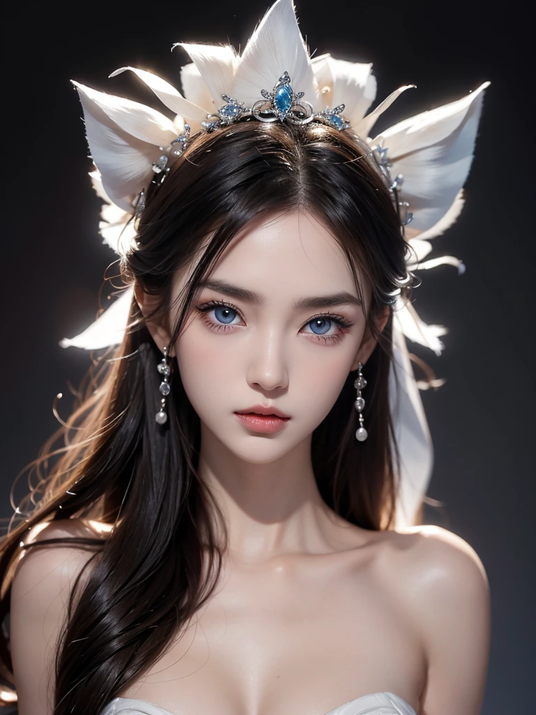 A young woman with amazing beauty, white skin reminiscent of a vampire,big blue eyes reminiscent of a gazelle,detailed perfect siren eyes,attractive looks,a flat little nose,a slightly upturned nose, perfectly shaped full lips, brightly detailed lips,bony facial features,pronounced cheekbones,high thin eyebrows without curves, long eyeliner,pronounced jawline,black messy hair, detailed appearance, light skin texture, dark background, detailed body,black skin the dress