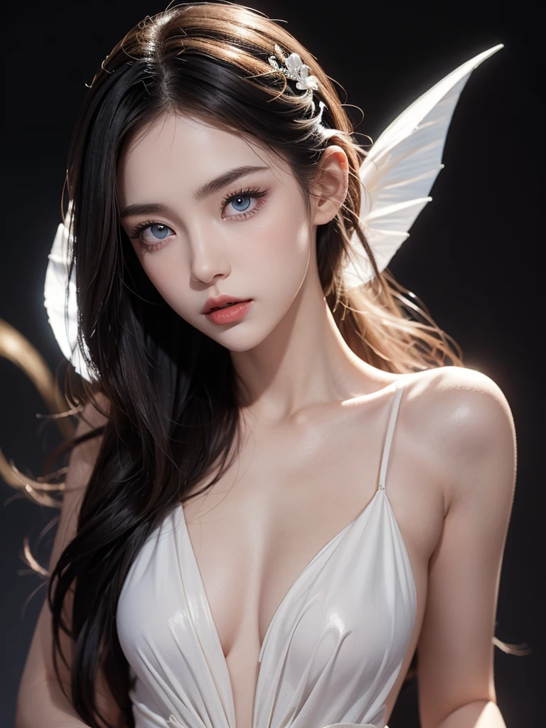 A young woman with amazing beauty, white skin reminiscent of a vampire,big blue eyes reminiscent of a gazelle,detailed perfect siren eyes,attractive looks,a flat little nose,a slightly upturned nose, perfectly shaped full lips, brightly detailed lips,bony facial features,pronounced cheekbones,high thin eyebrows without curves, long eyeliner,pronounced jawline,black messy hair, detailed appearance, light skin texture, dark background, detailed body,black skin the dress