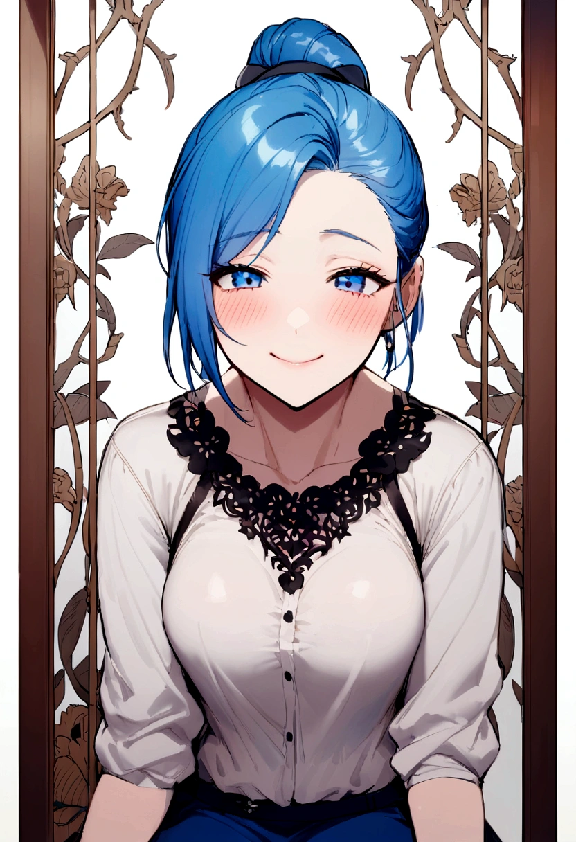 Female doctor sitting in clinic. Bigchest,big assa,Lash,casual fashion, Blue ponytail,face close up, looking at the camera, 30-year-old girl, Blushing of the face,The eyes are happy,smile,Painful expression,Cover your belly,with fair skin, full body