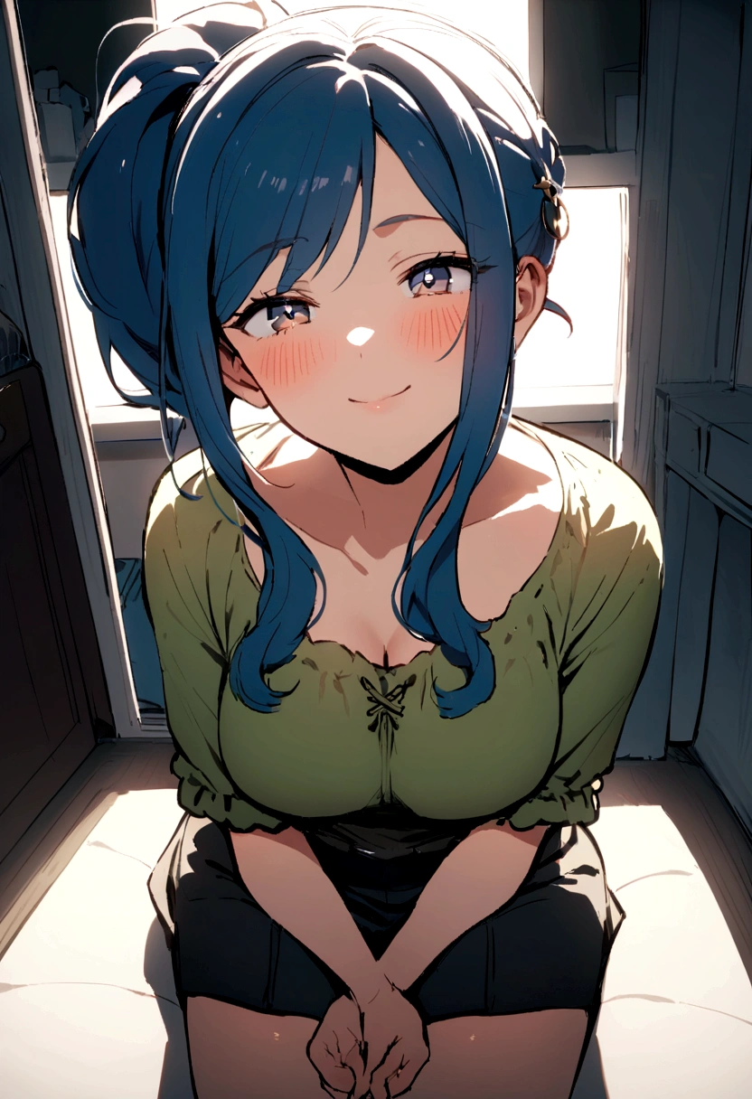 Female doctor sitting in clinic. Bigchest，big assa，Lash，casual fashion, Blue ponytail，face close up, looking at the camera, 30-year-old girl, Blushing of the face，The eyes are happy，smile，Painful expression，Cover your belly，with fair skin, full body