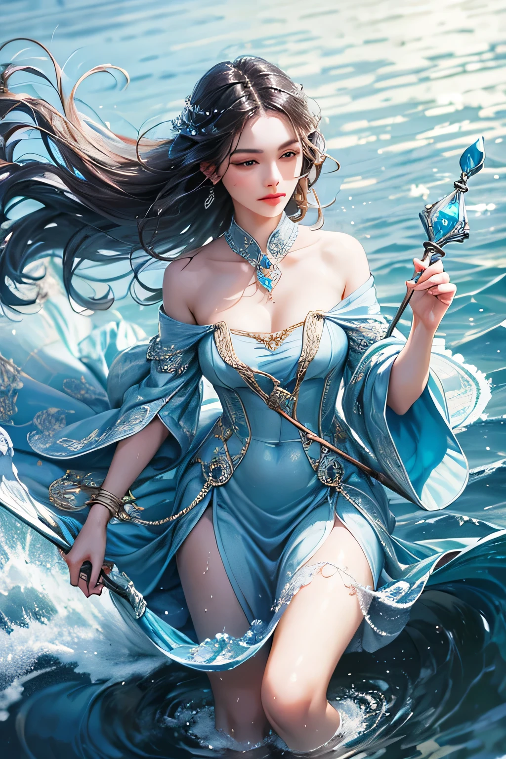 "Create an ultra-realistic image of a beautiful 21-year-old girl holding a magical staff that radiates the essence of water. She should be dressed in an elegant, blue shaded outfit that reflects her deep connection to the element of water. Surround her with elements of water, such as cascading waves, shimmering droplets, and serene reflections, to showcase her mastery over this element. Include a distinct water symbol on her body, signifying her role as the keeper of water and illustrating the powerful, fluid energy of water she possesses within her."