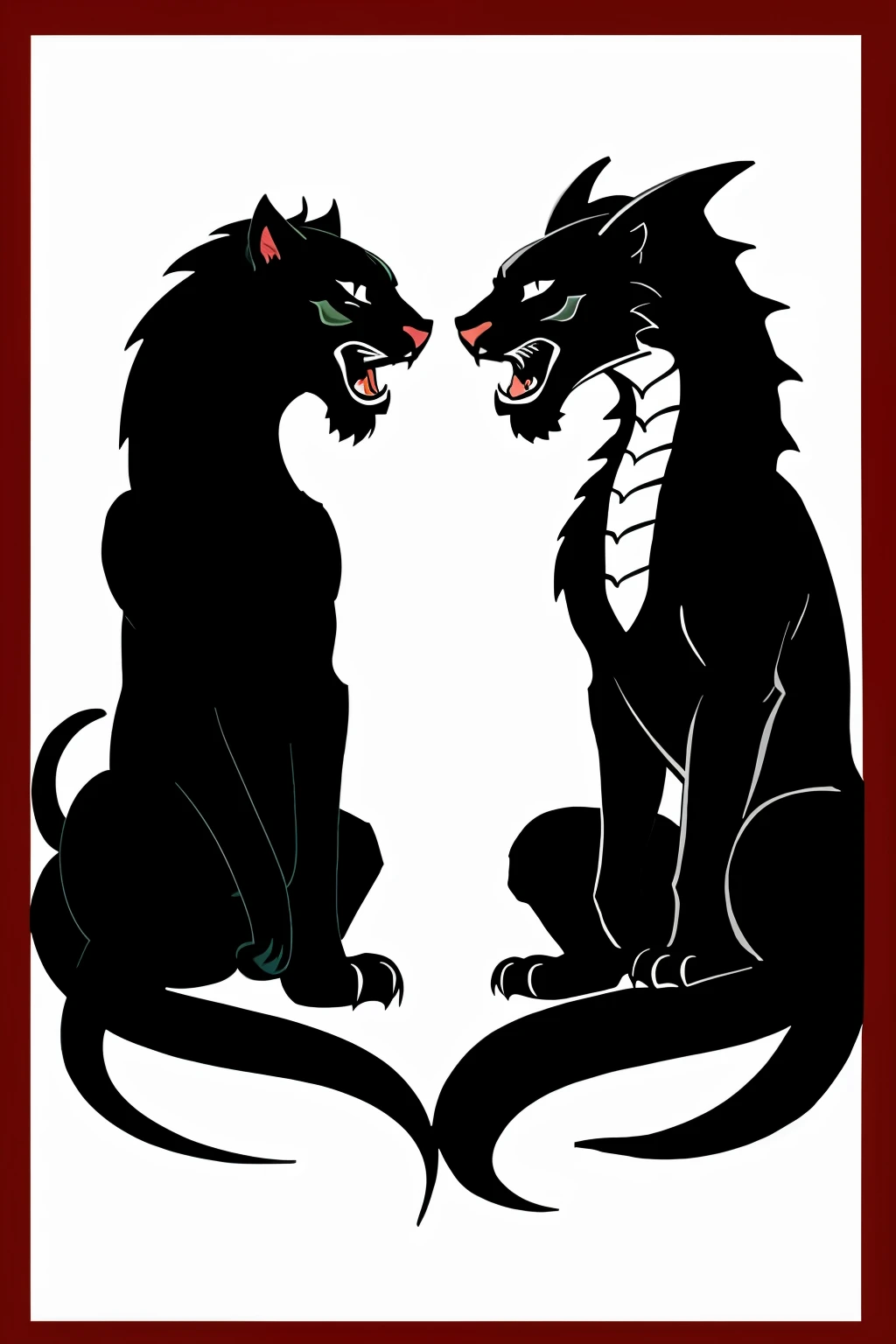 a dragon and a panther forming a drawing style heart