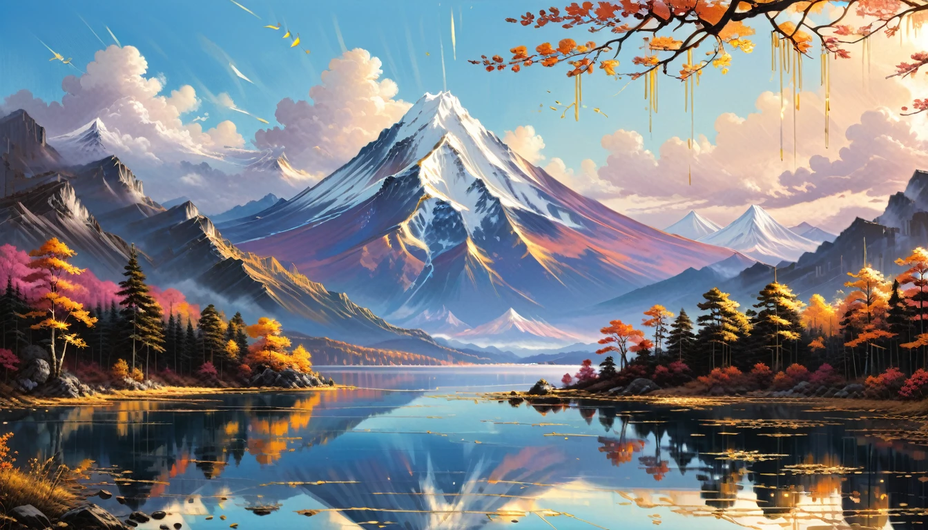 Gold leaf art, Alena Aenami, (masterpiece, Highest quality, Professional, Perfect composition, so beautiful, Absurd, Super detailed, Intricate details:1.3)、Fuji Mountain、Inverted Fuji reflected in the lake