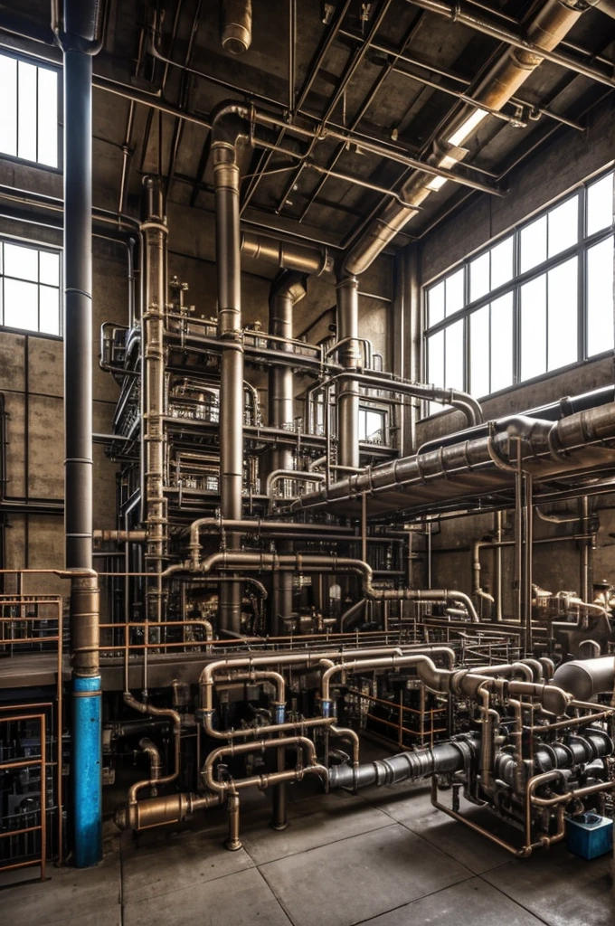 Industrial art with metal colors, pipes and factory