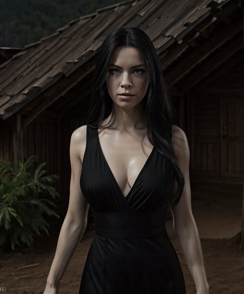 looking at viewer, view from above, fucked silly, defeat, masterpiece 8k, high Detailed image (realism), Shelob, pale skin, long black hair, green eyes, wearing black dress, huge breast cleavage, (shiny huge breasts), (naturally saggy breasts), (focus on detailed body anatomy), Slim body , scared expression,((tears)), full body, standing a grass field on a full moon and an old creepy wooden hut in the background. Ultra Realistic, Detailed Environments, Dramatic Lighting, ((Detailed Image)), (Intricate Details), Professional Photography, ((Shallow Depth of Field)) (Cinematic Lighting), HDR Enhancement, Ultra Fine Texture, Photorealistic, Extremely Realistic.