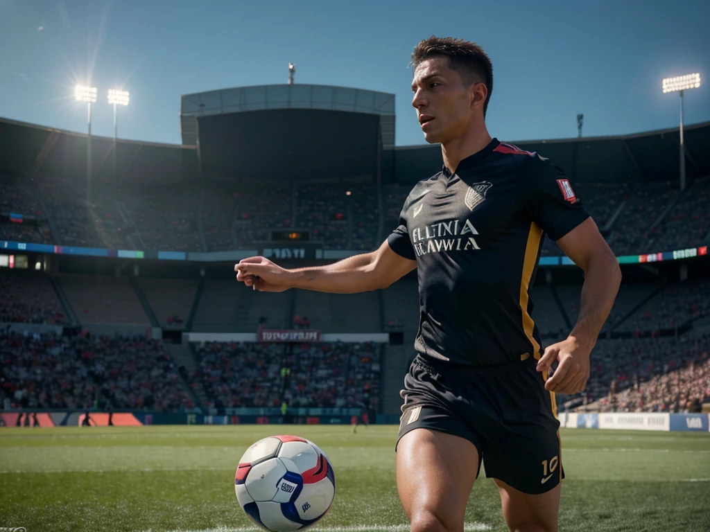 a men soccer player , detailed sports uniform, soccer ball, dynamic action pose, running on the field, outdoor stadium, crowd cheering, dramatic lighting, cinematic composition, photorealistic, (best quality,4k,8k,highres,masterpiece:1.2),ultra-detailed,(realistic,photorealistic,photo-realistic:1.37),HDR,UHD,studio lighting,ultra-fine painting,sharp focus,physically-based rendering,extreme detail description,professional,vivid colors,bokeh,sports photography