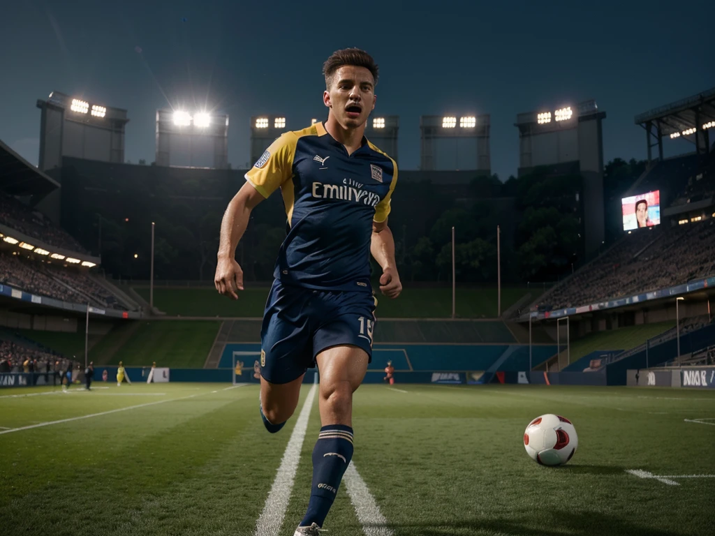 a men soccer player , detailed sports uniform, soccer ball, dynamic action pose, running on the field, outdoor stadium, crowd cheering, dramatic lighting, cinematic composition, photorealistic, (best quality,4k,8k,highres,masterpiece:1.2),ultra-detailed,(realistic,photorealistic,photo-realistic:1.37),HDR,UHD,studio lighting,ultra-fine painting,sharp focus,physically-based rendering,extreme detail description,professional,vivid colors,bokeh,sports photography