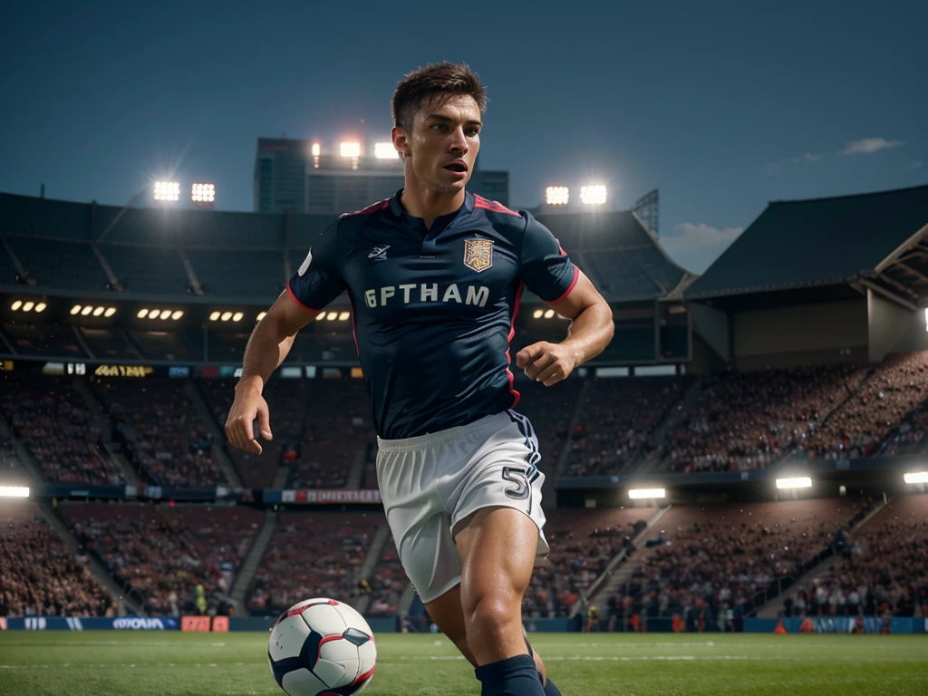 a men soccer player , detailed sports uniform, soccer ball, dynamic action pose, running on the field, outdoor stadium, crowd cheering, dramatic lighting, cinematic composition, photorealistic, (best quality,4k,8k,highres,masterpiece:1.2),ultra-detailed,(realistic,photorealistic,photo-realistic:1.37),HDR,UHD,studio lighting,ultra-fine painting,sharp focus,physically-based rendering,extreme detail description,professional,vivid colors,bokeh,sports photography