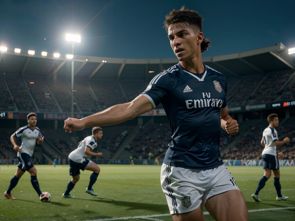 a men soccer player , detailed sports uniform, soccer ball, dynamic action pose, running on the field, outdoor stadium, crowd cheering, dramatic lighting, cinematic composition, photorealistic, (best quality,4k,8k,highres,masterpiece:1.2),ultra-detailed,(realistic,photorealistic,photo-realistic:1.37),HDR,UHD,studio lighting,ultra-fine painting,sharp focus,physically-based rendering,extreme detail description,professional,vivid colors,bokeh,sports photography