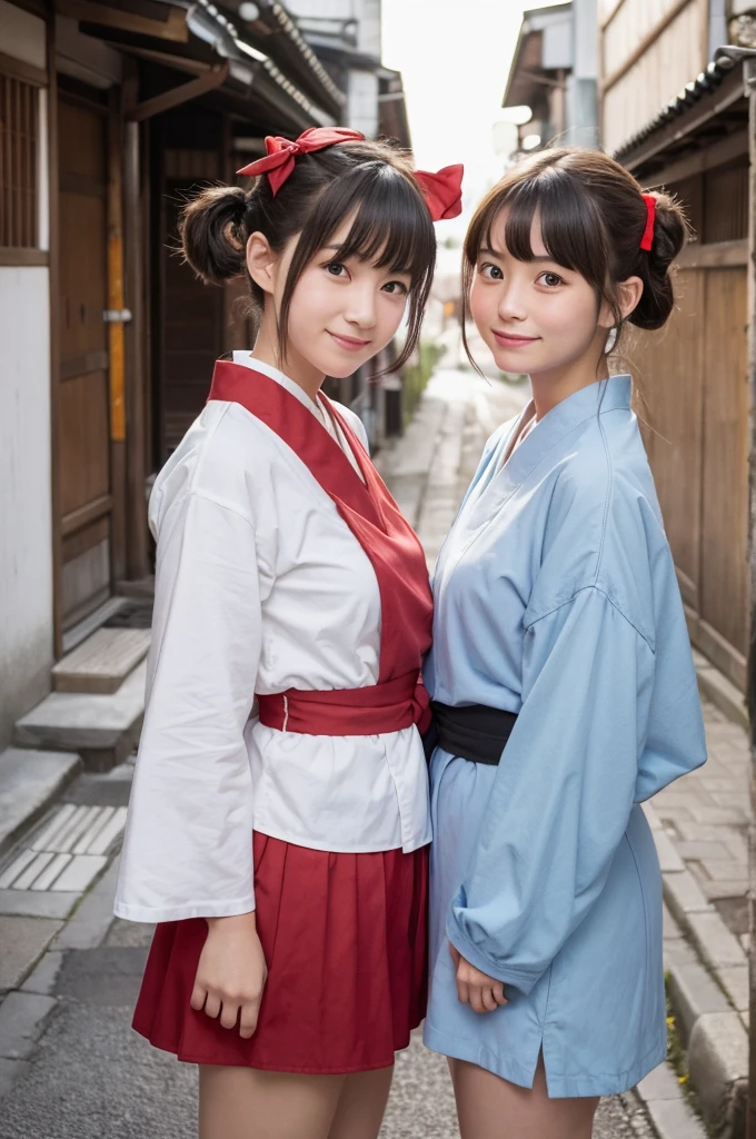 2 girls standing in old-Japanese street,white long-sleeved hakama top,red hakama bottom,18-year-old,bangs,a little smile,short hair and low pigtails with red ribbon bow,hairpin,from before,front light