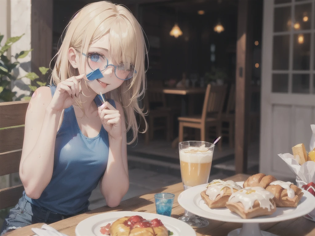European girl portrait,alone,20-year-old,Beautiful Face,Hair on one eye,Medium Sidecut, Blonde, Sharp focus,White tank top,Blue shorts,(((Glasses))),Eating a cream-filled pastry, Sticking out tongue,A delicious smile