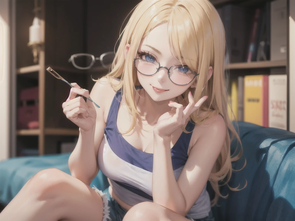 European girl portrait,alone,20-year-old,Beautiful Face,Hair on one eye,Medium Sidecut, Blonde, Sharp focus,White tank top,Blue shorts,(((Glasses))),Eating a cream-filled pastry, Sticking out your tongue、