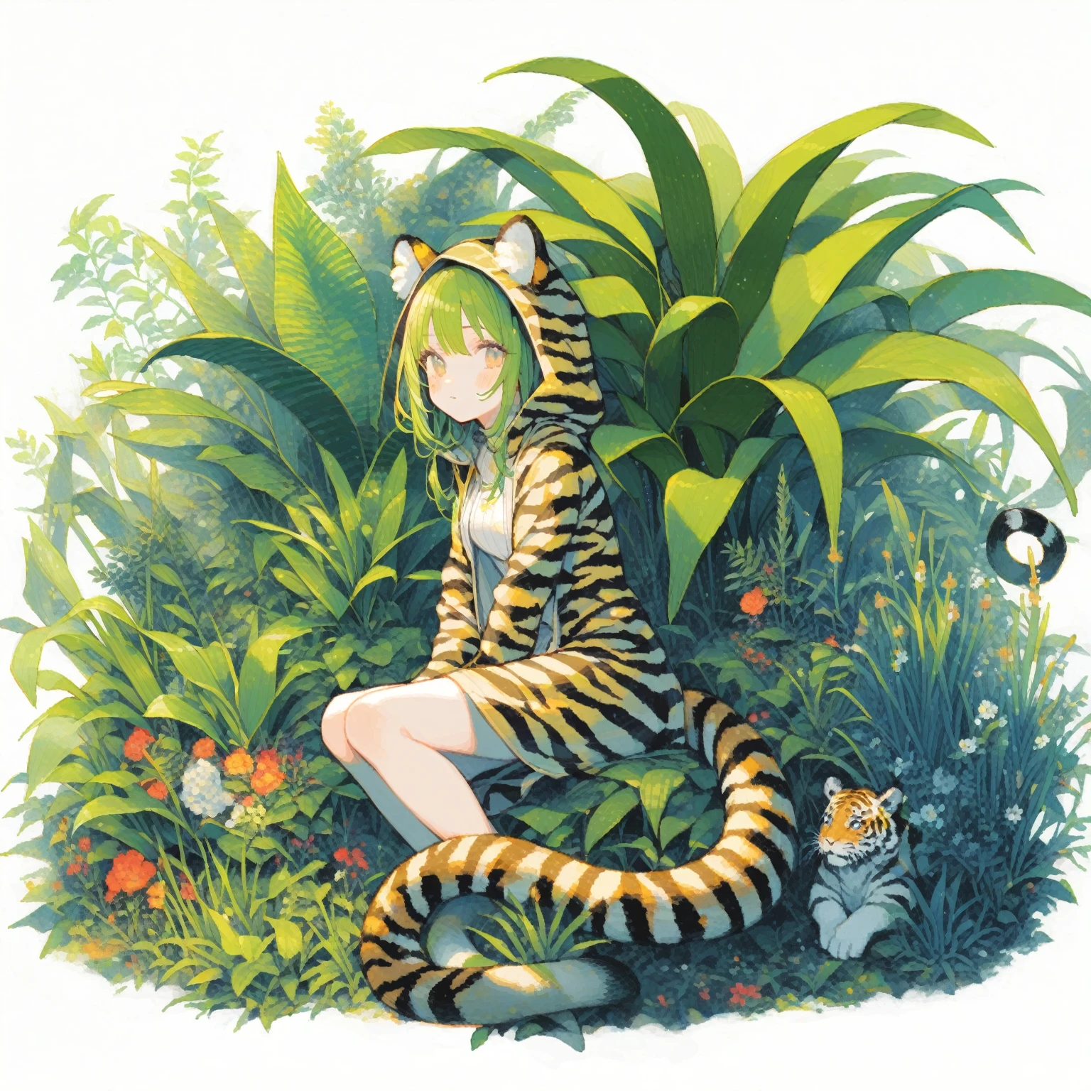 1girl、Dracaena trifasciata (Prain) Mabb.、「perpetual」「immortal」、Snake Plant、Tiger ears、Tiger tail、Sansevieria Laurentii、The edges of the leaves are white、The leaves have white stripes、tegaki