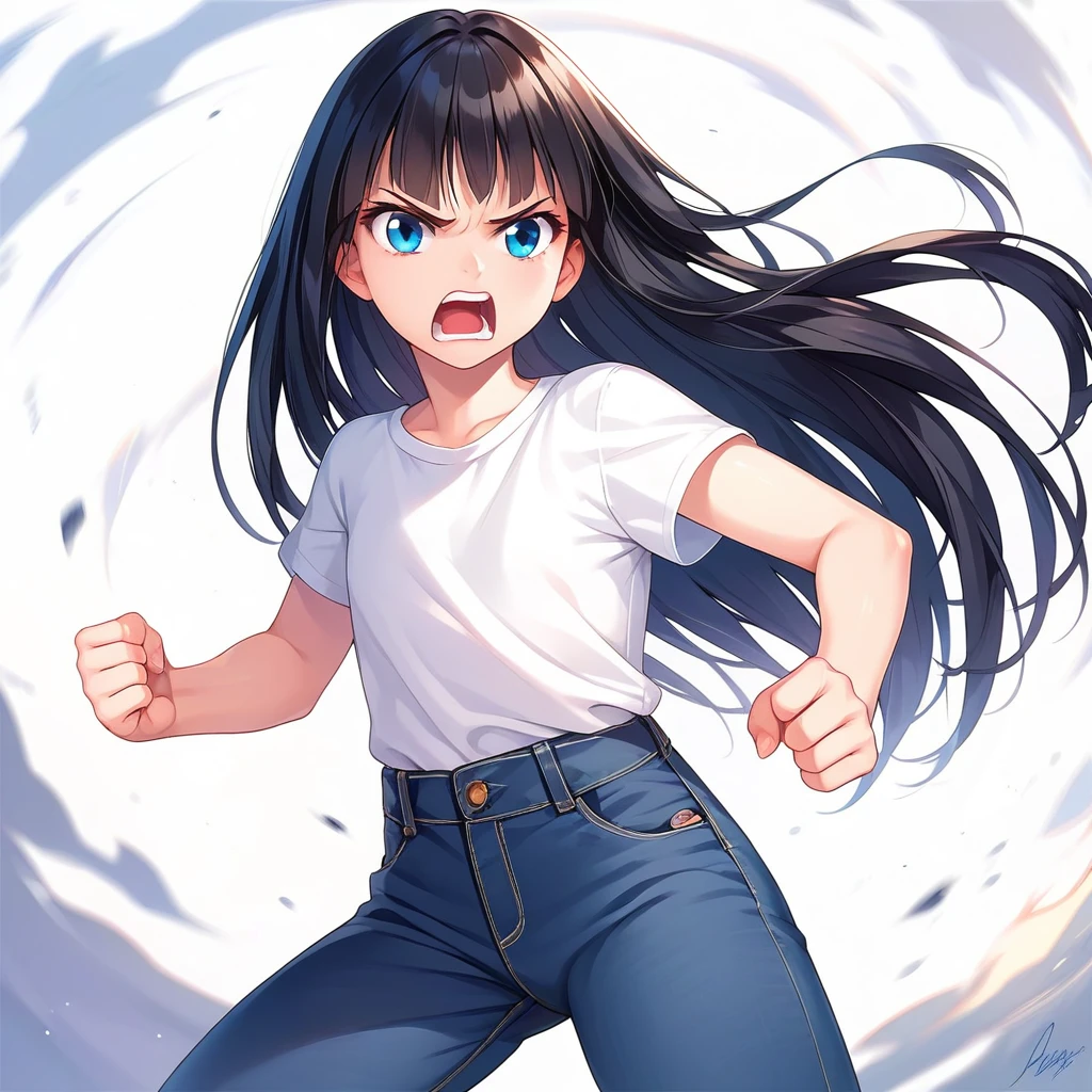 masterpiece , best quality , color , lineart , face close-up , 1 girl , solo , 20 years old , flat chest , long hair , black hair , bangs , short sleeve , white tshirts , long pants , jeans , (furious:1.5), standing , fight , open eyes , looking at viewer , open mouth , from front , bedroom , simple backqround ,