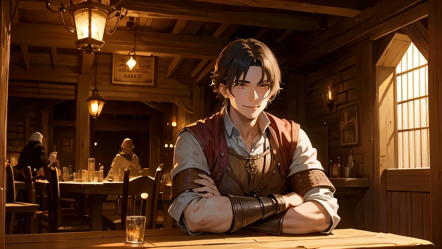 A magnificent medieval tavern　A hero waiting for his companions to return for a drink　Nice smile