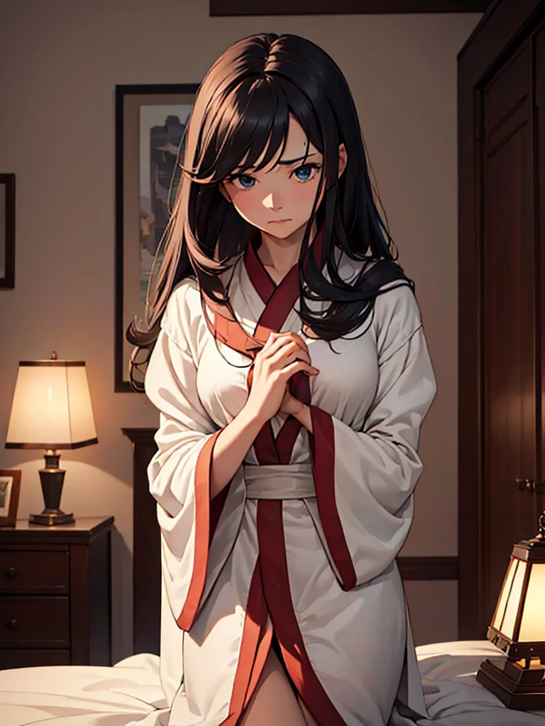 (masterpiece、top-quality、hight resolution、Unity 8k Wallpaper、extremely details CG:1), A widow in an elegant, dimly lit bedroom sits on her luxurious bed, looking forlorn and yearning for human touch. She is wrapped in a soft, high-quality robe, her hands gently clutching the fabric as if seeking comfort. Her eyes are filled with a deep sense of loneliness and longing as she gazes into the distance. The room is tastefully decorated with fine furniture and soft lighting, reflecting her wealth and refined taste. The quiet night emphasizes her solitude and the intense desire for companionship on this lonely night. nsfw