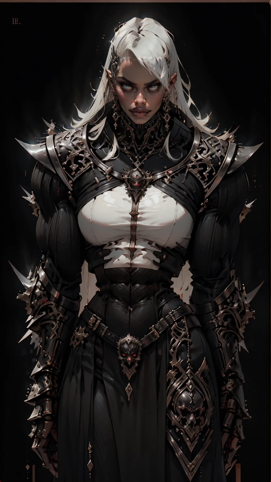 (masterpiece:1.1), (best quality:1.1), (ornate:1.1), (monochrome:1.3), (black and white:1.3), BREAK, (horror:1.0), (esoteric:1.1), (solo:1.4), (dynamic angle:1.0), (cowboy shot:1.0), (woman:1.1),(very muscular bodybuilder girl:1.25), (huge upper body:1.25), (narrow hips:1.0), long hair, (gothic intricate vampiric armor:1.25), ((full body front view)), (gauntlets:1.0), (shoulder armor:1.1), ((tarot style frame))