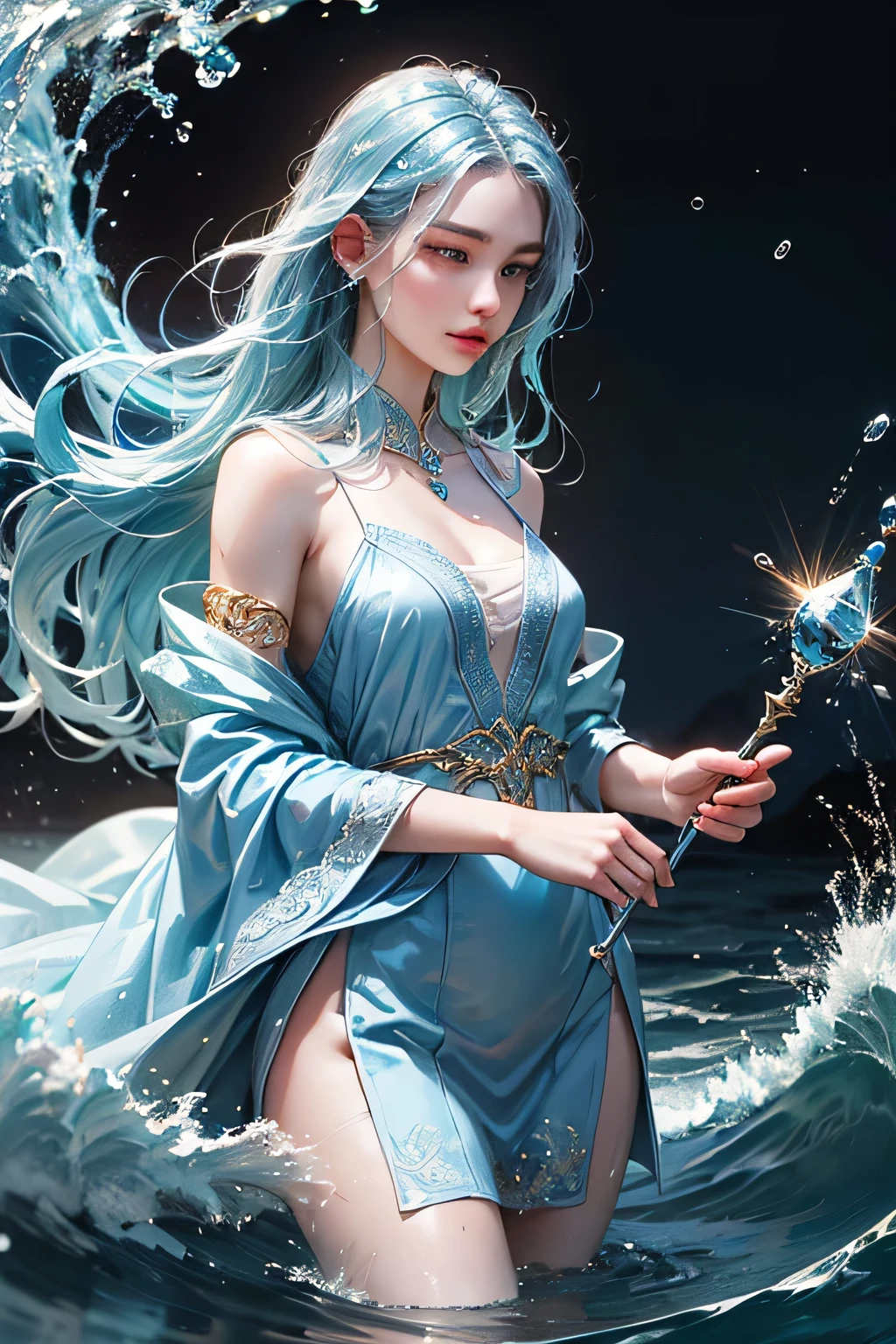 (Masterpiece, Top Quality, Best, Official Art, Beautiful and Aesthetic, Long Exposure: 1.2), Smooth Movement, Fascinating Patterns, 1 Girl, Adult Russian Woman, Freckles, Jade Eyes, Black Lob Hair, Portrait, Solo , upper body, gaze at observer, detailed background, detailed face, (crystallineAI, crystalline theme:1.1), elemental water sprite, spinning water, controlling water, fantasy magician clothes, dynamic pose, floating particles, ethereal dynamics, water , steam, ocean in the background, blue tones, coast, ethereal atmosphere,