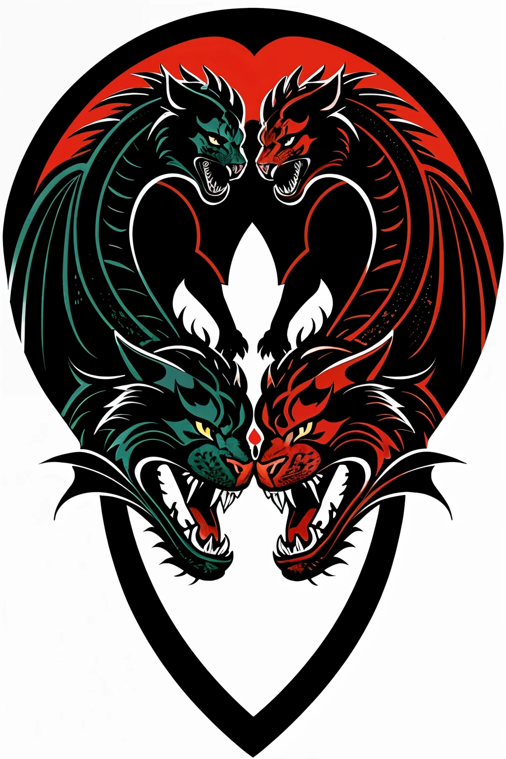 a dragon and a panther forming a drawing style heart