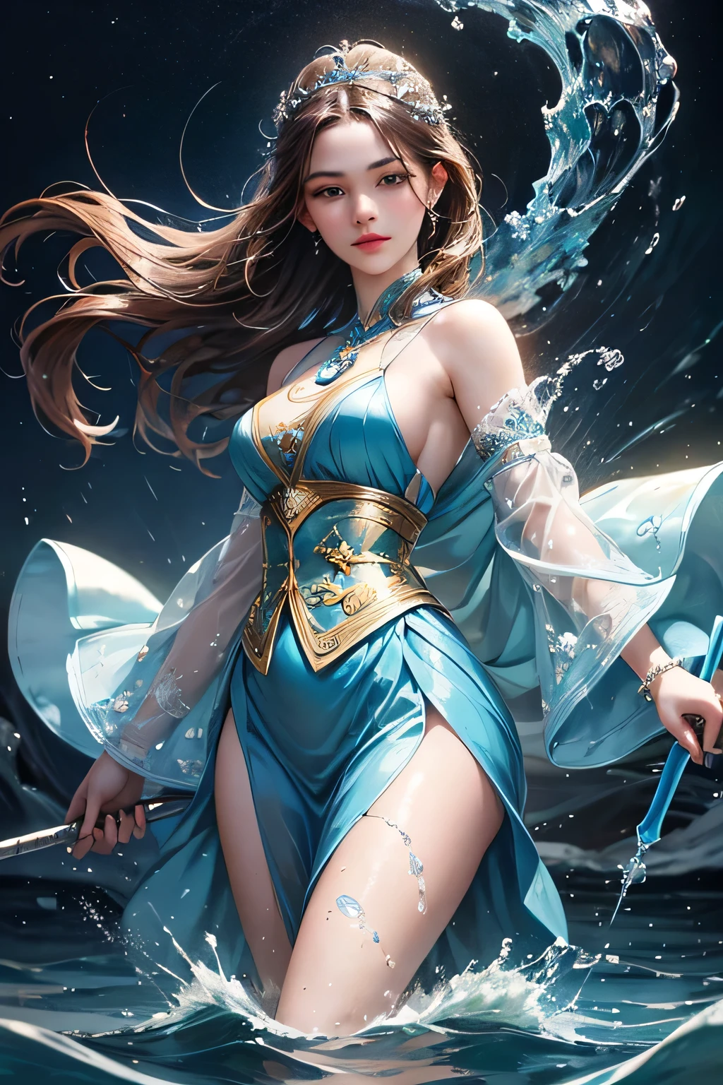 "Create an ultra-realistic image of a beautiful 21-year-old girl holding a magical staff that radiates the essence of water. She should be dressed in an elegant, blue shaded outfit that reflects her deep connection to the element of water. Surround her with elements of water, such as cascading waves, shimmering droplets, and serene reflections, to showcase her mastery over this element. Include a distinct water symbol on her body, signifying her role as the keeper of water and illustrating the powerful, fluid energy of water she possesses within her."
