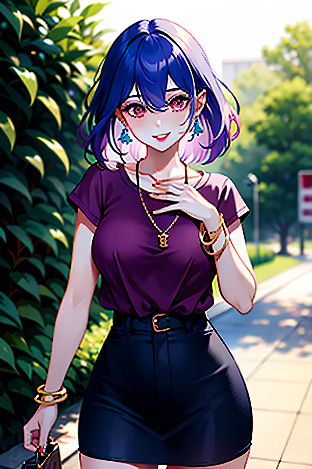 masterpiece, best quality, highly detailed, 1girl, solo, perfect anatomy, slim, red eyes, blue hair, bangs, purple hair, hair between eyes, multicolored hair, gradient hair, pink lips, thick thighs , edgCT, blouse, wearing edgCT, chic top, light smile, detailed background, outdoor, standing, sexy, sunglasses, skirt, earrings, necklace, bracelet,