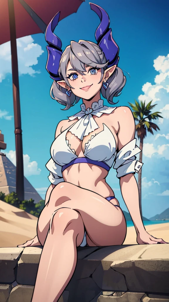 Pyramaid top  High level image quality　best image quality　8K　 adult woman  desert  sunset　palm trees   whole body view　portrait　    　horn    ears  　short hair（（shortcut）（gray hair）（perm）（fluffy））　eye color is blue  , 　attractive evil face , smile   ,   pose   ,  labrynth ,  barearm    , wearing white shirt  ,  sitting by the pyramid , crossed leg style in detailed  , view foot arc