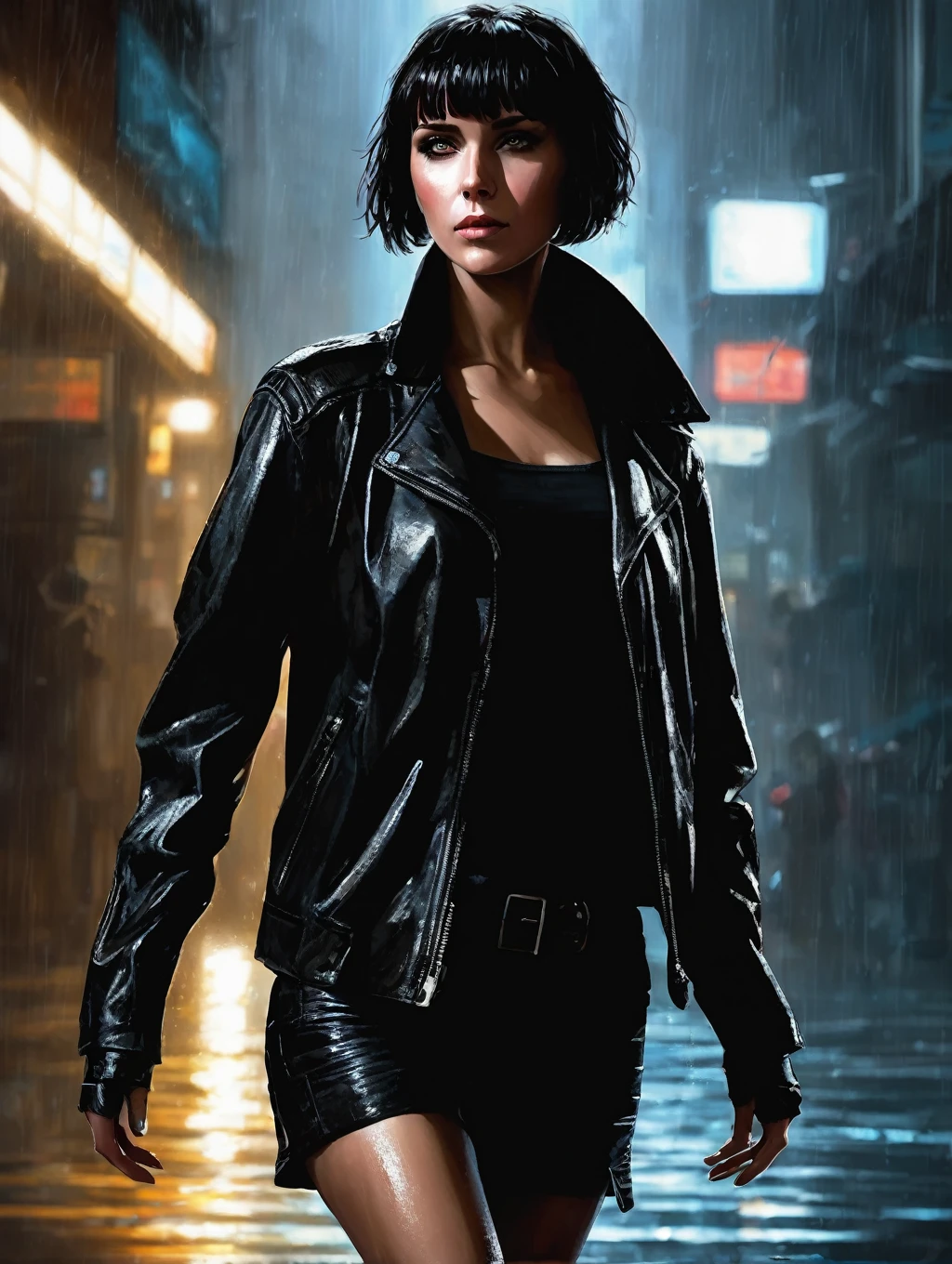 1 female, short hair,  with black leather jacket, 
Blade Runner Rain Shadow Dramatic Lighting Art，author：John Burkey
(best quality, masterpiece, )