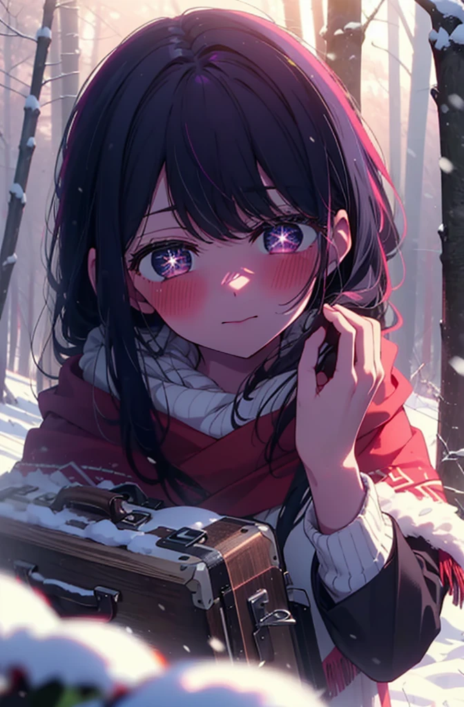 aihoshino, Ai Hoshino, Long Hair, bangs, (Purple eyes:1.1), Purple Hair, (Symbol-shaped pupil:1.5), smile,,smile,blush,White Breath,
Open your mouth,snow,Ground bonfire, Outdoor, boots, snowing, From the side, wood, suitcase, Cape, Blurred, , forest, White handbag, nature, Squat, Mouth closed, Cape, winter, Written boundary depth, Black shoes, red Cape break looking at viewer, Upper Body, whole body, break Outdoor, forest, nature, break (masterpiece:1.2), Highest quality, High resolution, unity 8k wallpaper, (shape:0.8), (Beautiful and beautiful eyes:1.6), Highly detailed face, Perfect lighting, Extremely detailed CG, (Perfect hands, Perfect Anatomy),