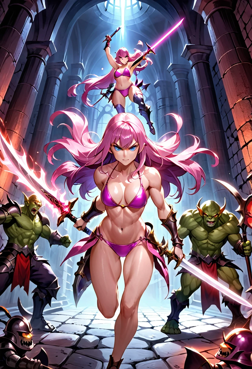 Pink metal bikini armor and helmet、blue eyes、Purple long hair、A dynamic, muscular woman fights against goblins with a sword in a dungeon.