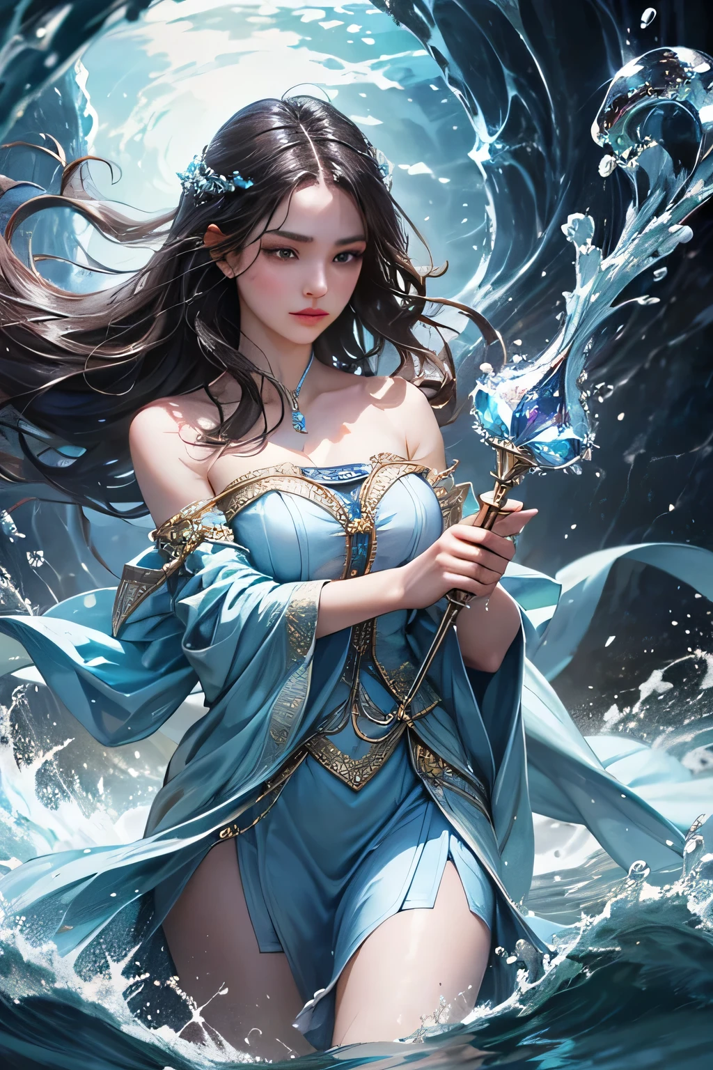 "Create an ultra-realistic image of a beautiful 21-year-old girl holding a magical staff that radiates the essence of water. She should be dressed in an elegant, blue shaded outfit that reflects her deep connection to the element of water. Surround her with elements of water, such as cascading waves, shimmering droplets, and serene reflections, to showcase her mastery over this element. Include a distinct water symbol on her body, signifying her role as the keeper of water and illustrating the powerful, fluid energy of water she possesses within her."