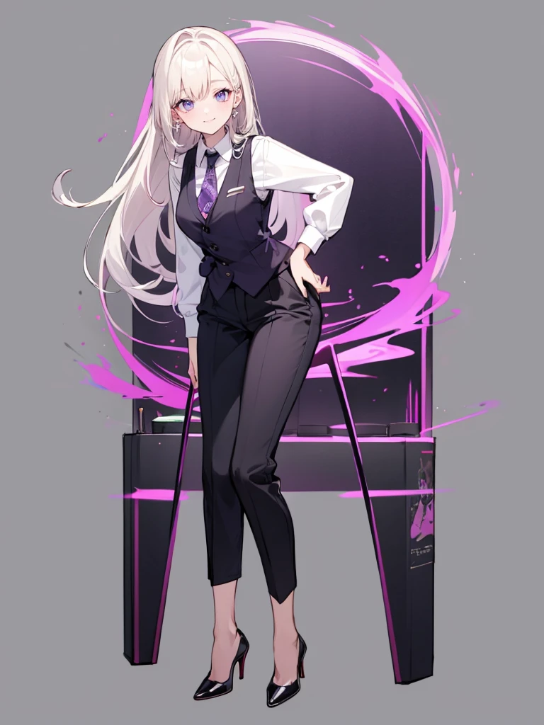 purple,High cut layered hair,woman,bartender,vest,shirt,tie,pants,high heels,all,simple background,smile,whole body,full body,full body,Standing picture,vtuber,upright,,look forward to,body facing forward