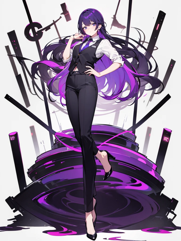 purple,High cut layered hair,woman,bartender,vest,shirt,tie,pants,high heels,all,simple background,smile,whole body,full body,full body,Standing picture,vtuber,upright,,look forward to,body facing forward
