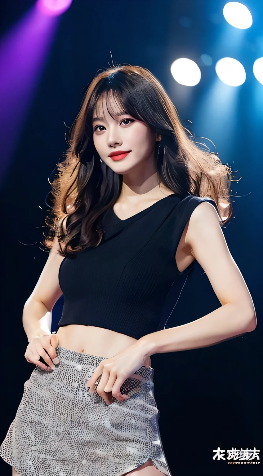 masutepiece、top-quality、Top image quality、8K、Professional Photographer、Professional lighting staff、Professional makeup staff、japanes、Top、Beautuful Women、Glamorous、Colossal 、A dark-haired(Curly semi-long hair)、White bodycon mini skirt on bare skin(Ultra-thin fabric)、tiarra、fishnet tights、high-heelodel posing sexily in front of show car on gorgeously lit stage at motor show)、