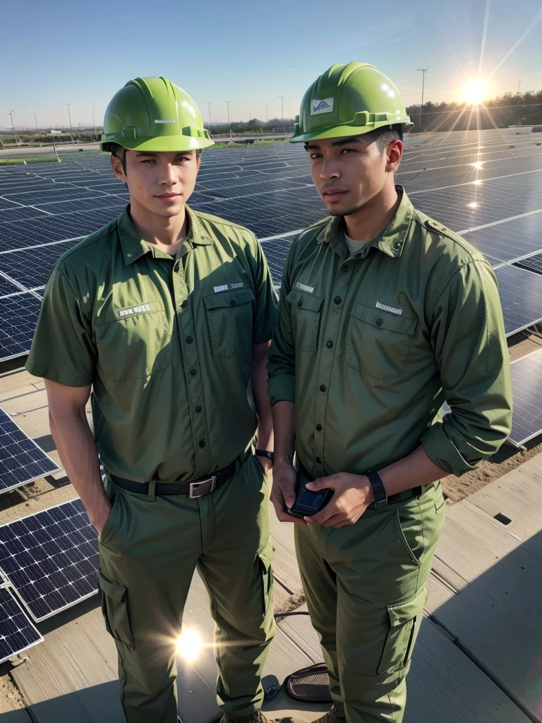 Men in green working with solar plant