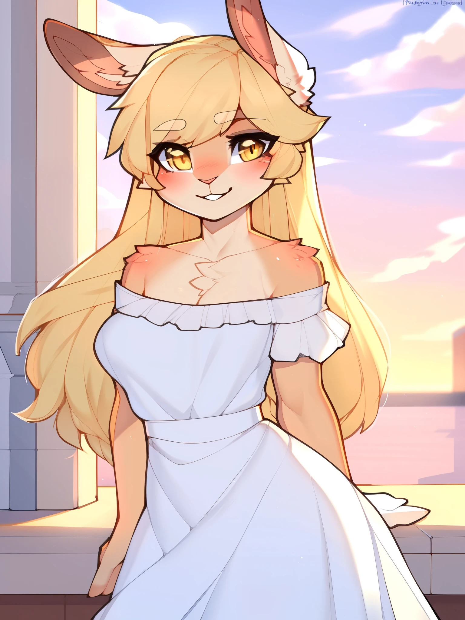 sfw, by claweddrip, by ressue, by pudgeruffian, by fleet-foot, by thericegoat, best quality, masterpiece, solo, female, rabbit, rabbit tail, (lop ears:1.1), blonde hair, long straight hair, beige fur, yellow eyes, bright eyes, medium breast, sundress, white sundress, off-shoulder, frills, gentle smile, plaza scenery