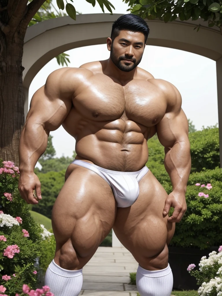 There is only one handsome Asian actor in the picture，35 years old，Tall and handsome, Toned body，short hair, O-Shaped Beard，Perfect body, Dark skin，Glowing skin，Smooth skin，The body is hairless，Muscle bulge, Muscular, Very large pectoral muscles，Very sexy abdominal muscles，Very well-developed leg muscles，Huge concave and convex area，Brightens oily skin，Wearing a white leather shiny thong，Handsome face， Correct and accurate male body proportions, Wear white leather socks，Stand among the flowers。
