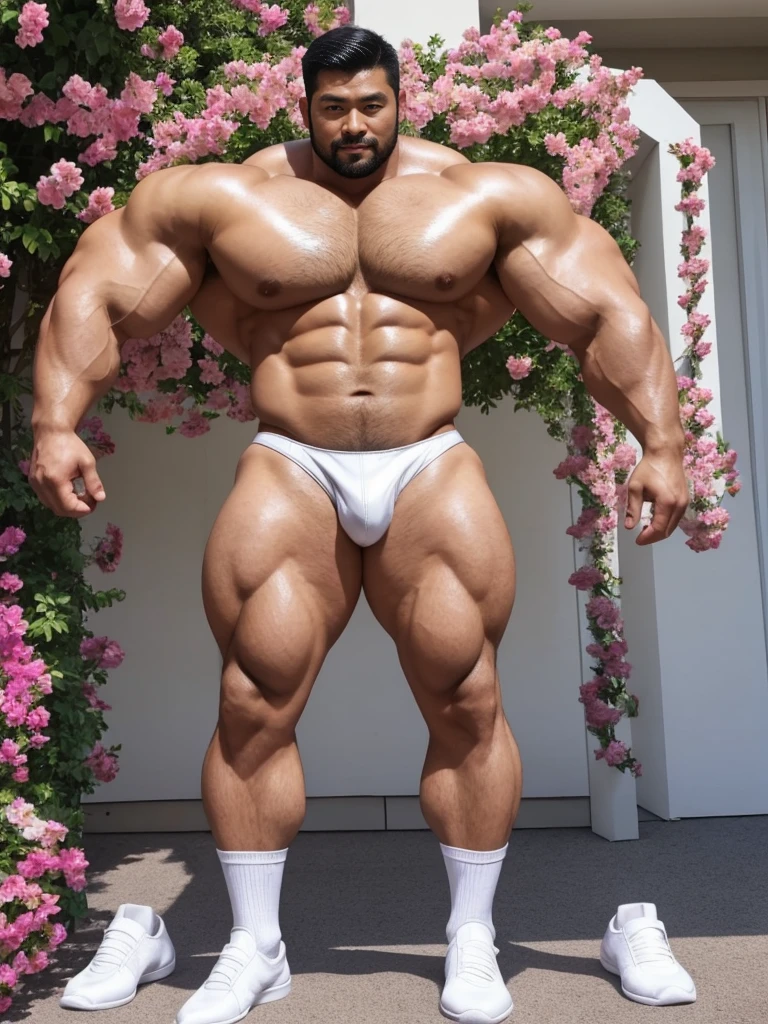 There is only one handsome Asian actor in the picture,35 years old,Tall and handsome, Toned body,short hair, O-Shaped Beard,Perfect body, Dark skin,Glowing skin,Smooth skin,The body is hairless,Muscle bulge, Muscular, Very large pectoral muscles,Very sexy abdominal muscles,Very well-developed leg muscles,Huge concave and convex area,Brightens oily skin,Wearing a white leather shiny thong,Handsome face, Correct and accurate male body proportions, Wear white leather socks,Stand among the flowers。