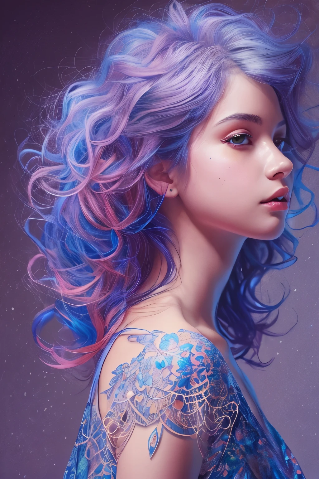 Beautiful girl with bright colors: 8--old u, Messy hair, painting, Nice perfect face,Soft skin,Flawless, blue、, Lilac and violet additions, light red additions, complicated细节, Startup Screen, 8k resolution, masterpiece, Cute face,artstation digital smooth very black ink flow: 8k resolution photorealistic masterpiece: Delicate and exquisite fluid gouache painting: author:John Baptiste Monger: calligraphy: Acrylic Fiber: Watercolor Art, Professional photography, Natural Lighting, Volumetric Lighting Minimalist Photo Illustration: author:Marton Bobzert:, complicated, elegant, Expanded, fantastic, curls, Energetic