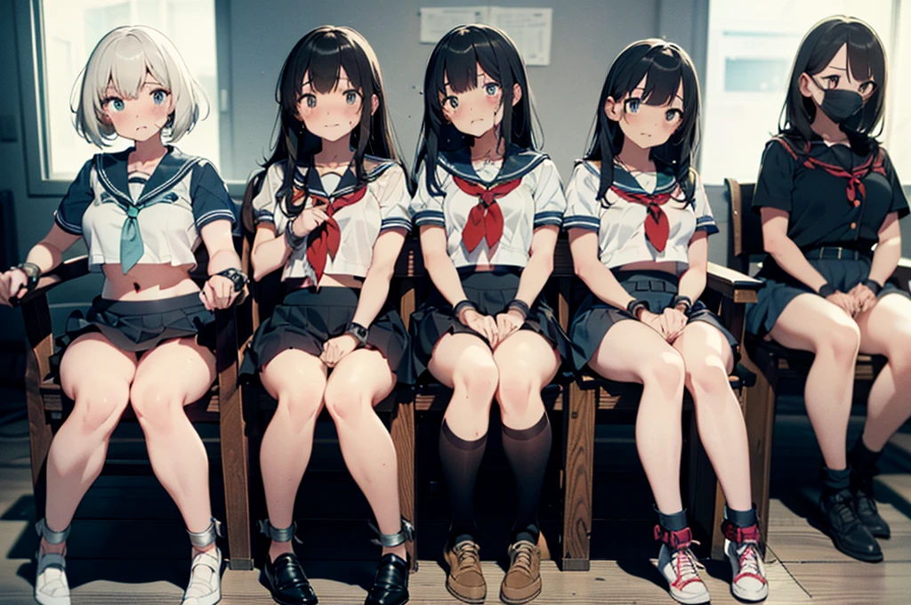 3 girls, strapped to chairs, tied up, (blushing, red face, crying, terrified), (ankle cuffs, ankles tied, wrist cuffs, wrists tied), long hair, beautiful eyes, (((short sleeves, tight clothing, sailor uniform, mini-skirt))), perfect body, perfect face, perfect eyes, detailed eyes, full body