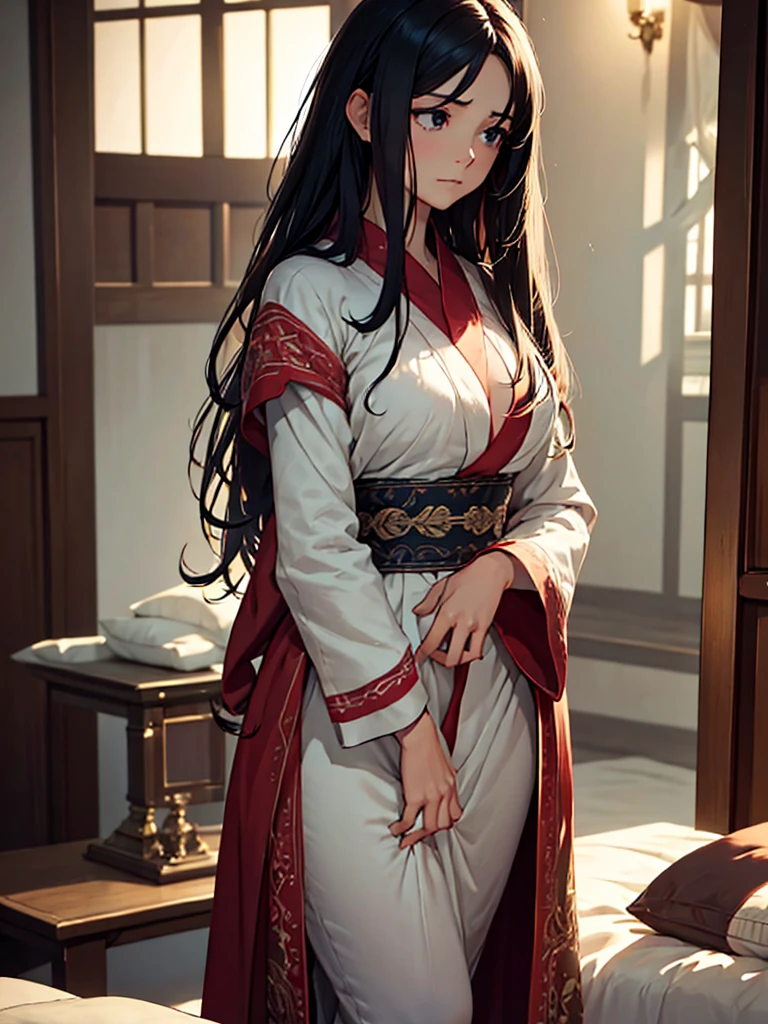 (masterpiece、top-quality、hight resolution、Unity 8k Wallpaper、extremely details CG:1), A widow in an elegant, dimly lit bedroom sits on her luxurious bed, looking forlorn and yearning for human touch. She is wrapped in a soft, high-quality robe, her hands gently clutching the fabric as if seeking comfort. Her eyes are filled with a deep sense of loneliness and longing as she gazes into the distance. The room is tastefully decorated with fine furniture and soft lighting, reflecting her wealth and refined taste. The quiet night emphasizes her solitude and the intense desire for companionship on this lonely night. nsfw