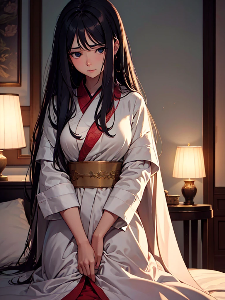(masterpiece、top-quality、hight resolution、Unity 8k Wallpaper、extremely details CG:1), A widow in an elegant, dimly lit bedroom sits on her luxurious bed, looking forlorn and yearning for human touch. She is wrapped in a soft, high-quality robe, her hands gently clutching the fabric as if seeking comfort. Her eyes are filled with a deep sense of loneliness and longing as she gazes into the distance. The room is tastefully decorated with fine furniture and soft lighting, reflecting her wealth and refined taste. The quiet night emphasizes her solitude and the intense desire for companionship on this lonely night. nsfw