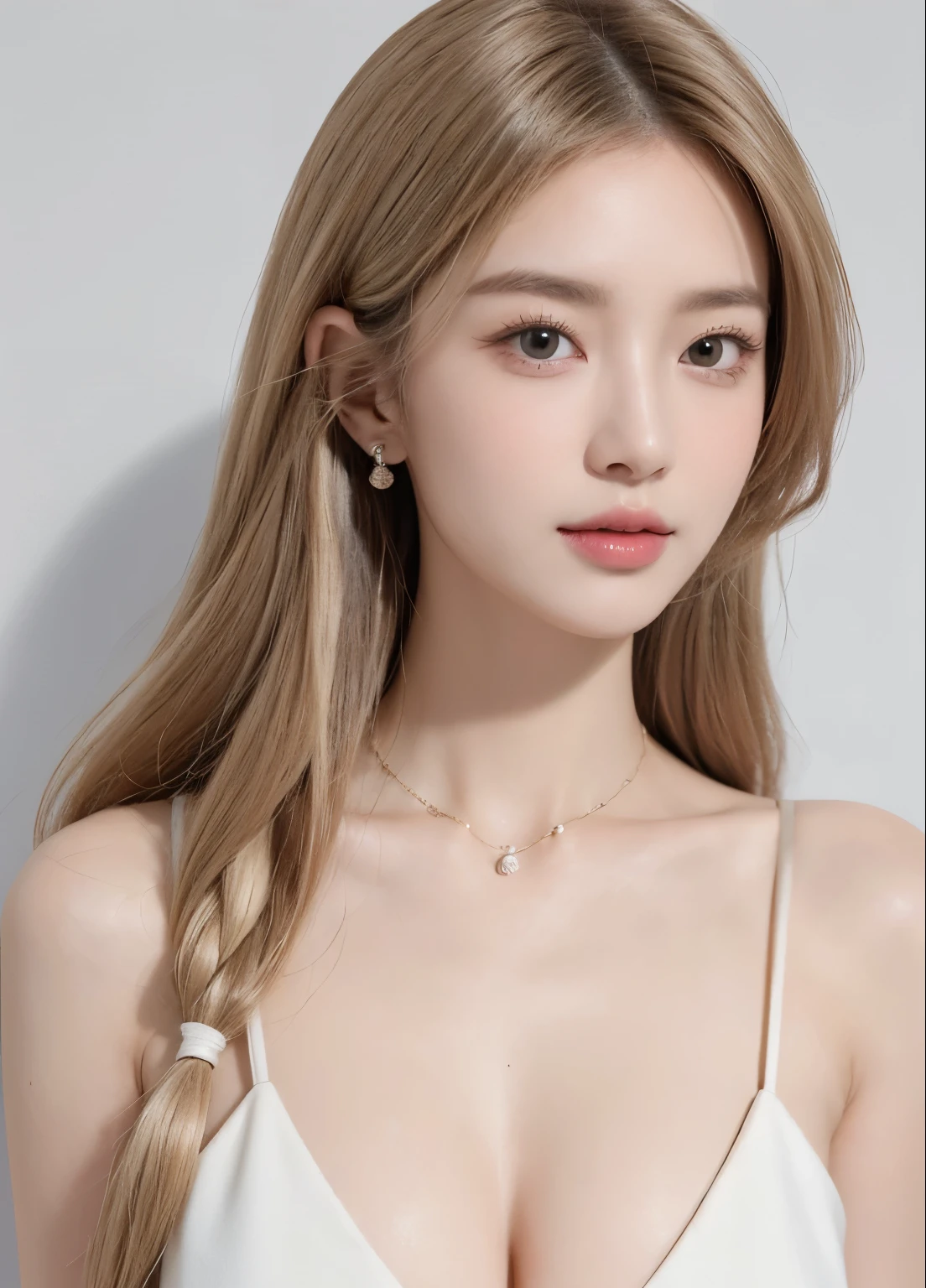 1 girl, (White background), ((8K, masterpiece: 1.4)), (Professional shooting, sharp:1.2),Perfect dynamic composition, (Natural sunlight), (Soft shadows), (Perfect body:1.4, Slim abs:1.2), ((Random Female Hairstyles:1.2, Huge breasts:1.1)), Zhongchanghai, Extremely detailed face and skin, Perfect Asia, White skin, (Delicate skin:1.3),( leather:0.4), (Perfect and radiant skin:0.6), Bai Senai, 21 years old, fashion model, (Sexy casual), Showing cleavage, Blonde hair, Light brown eyes, beautiful eyes, Round eyes, Pretty Face, blush, Glossy lips, High nose bridge, shiny eyes, Perfectly proportioned face, real moist skin, Exquisite expression, Smile at the camera, looking at camera, Exquisite expression, Elegant necklace, Elegant earrings, The Minimalists, walk