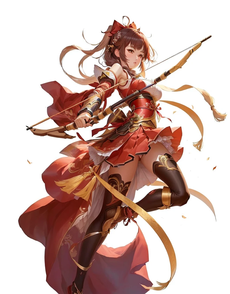 Anime girl in red skirt holding a bow and arrow, Anime girl holding a bow and arrow, author:Yang J, bian lian, g liulian art style, 《Genshin Impact》Zhongli, by Qu Leilei, Inspiration from Du Qiong, author:Cold plum, Inspired by Guillaume, by Shitao, Female Archer, author:Yang Jin, yun ling